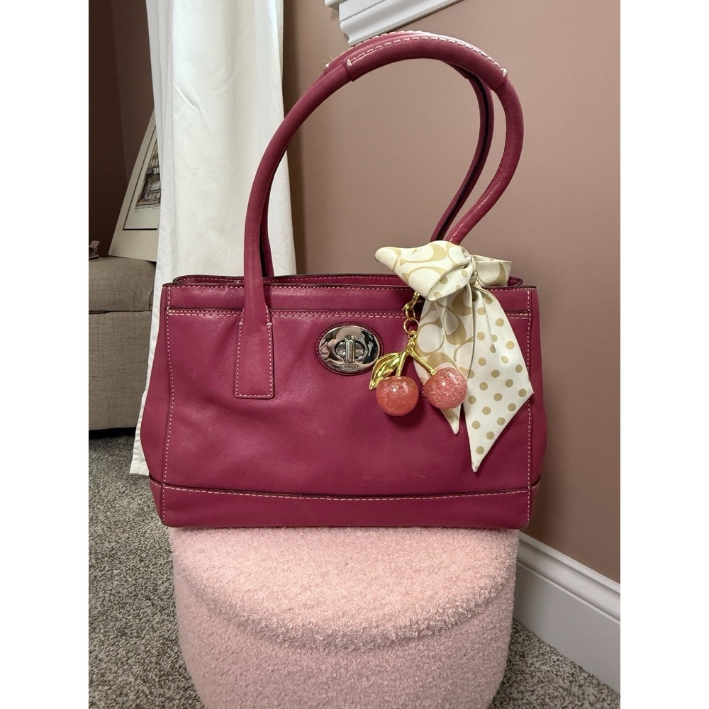 Coach Pink Leather Satchel Scarf Accent Cherry Bag Charm Silver Hardware